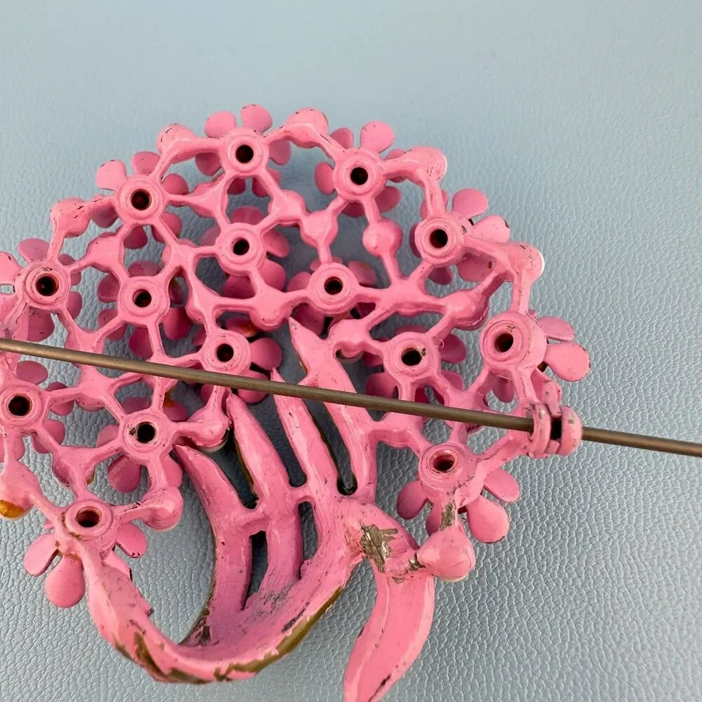 Vintage Rhinestone Flower Brooch Pink Japanned Enamel Floral Spray Bouquet 2